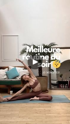 a woman is doing yoga in front of a couch with the words mellieums on it