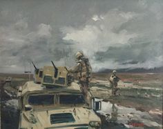 a painting of two soldiers standing next to an army vehicle