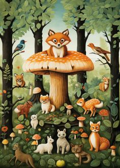 Illustrative poster of playful woodland animals including foxes, birds, and deer amidst mushrooms, trees, and flowers, ideal for kids' nursery decor. Enchanted Forest Drawing, Enchanted Forest Illustration, Enchanted Forest Animals, Enchanted Animals, Forest Animals Nursery, Fairy Journal, Mushroom Painting, Pet Theme, Forest Animal Nursery