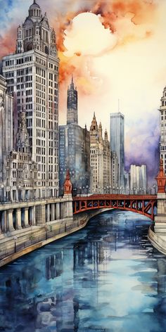 a watercolor painting of a cityscape with buildings and a river running through it