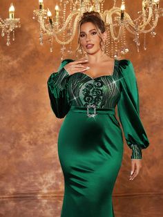 Plus Size Emerald Green Luxury Beaded Patchwork Satin Puff Sleeve Sweetheart Neck Rhinestone Waistband Elegant Fish Tail Formal Gown Dark Green Glamorous  Long Sleeve Satin Colorblock,Plain,All Over Print Bodycon Slight Stretch  Weddings & Events, size features are:Bust: ,Length: ,Sleeve Length: Arm Bangles, Thigh High Sock, Shapewear Tops, Medieval Fashion, Thigh High Stockings, Evening Dresses Elegant, Women's Shapewear, Evening Gowns Formal, Stretch Satin