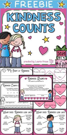 a poster with the words, freebie kindness counts written on it and pictures of two children