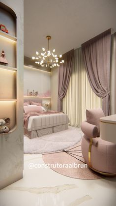 the interior of a bedroom decorated in pink and white colors, with a chandelier hanging from the ceiling