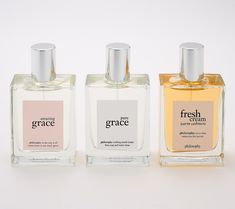 Whether you re looking for a fresh, new fragrance wardrobe or looking for a great break apart gift, this three-piece eau de toilette set from philosophy is a wonderful fragrance experience!  amazing grace is a classic, beautifully clean, sparkling floral scent of bergamot, lily of the valley, and soft white musk designed to make you feel amazingly clean and beautifully feminine.  pure grace is an infinitely clean fragrance with a soap-and-water scent of water lily, leafy greens, and frosted musk Fragrance Wardrobe, Clean Fragrance, Fresh Cream, Fragrance Spray, Leafy Greens, New Fragrances, Amazing Grace, Floral Scent, Water Lily