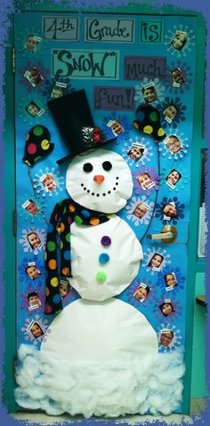 a snowman made out of paper and surrounded by other holiday themed items on a blue background