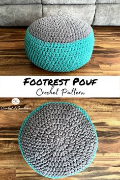 a crocheted pouf sits on the floor next to a gray and blue ottoman