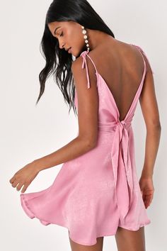 Pink Cocktail Dress - Satin Mini Dress - Tie-Strap Mini Dress - Lulus V-neck Satin Dress With Tie Back For Night Out, Flirty Bridesmaid Dress With Tie Back, Glamorous Tie Back Mini Dress For Prom, Glamorous Tie-back Mini Dress For Prom, Backless Mini Dress With Tie Back For Bridesmaid, Tie-back Dress For Prom Season Party, Flirty Tie Back Mini Dress For Prom, Flirty Tie-back Mini Dress For Prom, Flirty Satin Mini Dress For Brunch