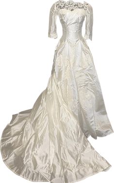 A Fink Original vintage wedding dress from the 60's/70's. The taffeta dress is lined with satin and netting, has a lace and netting boat neckline, elbow length sleeves, fitted bodice to the basque waistline, a gathered bustle and train. The dress is accented with floral appliques on the skirt and bodice. The train has a finger loop. It measures 34" around the bust, the waist is 26" and the length is 58". Excellent condition (the dress came in a professional restoration box, has been worn and cleaned. There are a few rust colored pin sized marks on the bottom of the skirt at the side, that can't be seen during wear.) Professionally clean. Size Small. Catalog # 6010 Antique Wedding Gown, Bridal Gowns Vintage, Vintage Wedding Dress, Floral Pattern Dress, Taffeta Dress, Wedding Gowns Vintage, Vintage Bride, Pleated Midi Dress, Satin Wedding