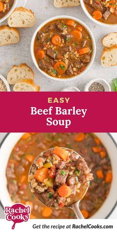 beef barley soup with carrots and bread on the side