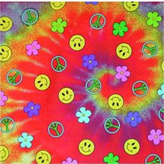 a tie - dyed background with smiley faces and peace signs on it, as well as flowers