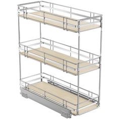 three tiered metal shelving unit with wooden shelves