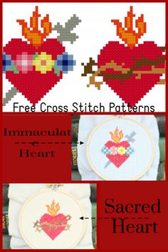 the cross stitch heart is shown in three different stages