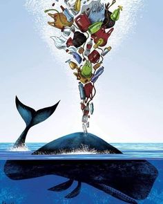 a whale is floating in the water with many bottles on it's head and tail