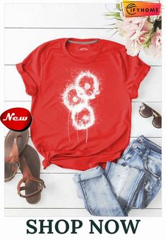 Roselinlin White Short Sleeve Casual T-shirt Red Summer Tops With Screen Print, Red Screen Print Tops For Summer, Red Screen Print Shirt For Spring, Casual Red T-shirt For Spring, Red Short Sleeve T-shirt For Spring, Shop Tops, Tops Online, Color Pick, Unique Designers