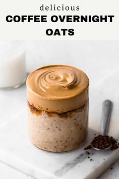 coffee overnight oats in a glass jar with spoon