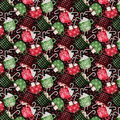 a red, green and black christmas themed pattern with teapots on it's sides