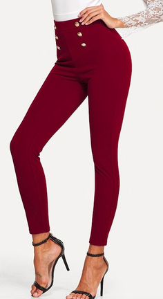 These pencil pants are perfection. Featuring a front button detail with a mid-waist. These pants are perfect in and out of the office. They pair perfectly with a bodysuit or sweater. Made with a polyester and spandex blend for comfort and style. Stretch Dress Pants In Solid Color, High-waisted Elastane Leggings For Fall, Fitted Ankle-length Solid Color Pants, Fitted Solid Color Dress Pants For Business Casual, Business Casual Fitted Solid Color Dress Pants, Stretch Tapered Leg Bottoms, Solid Color Ankle-length Office Pants, Stretch Trousers-style Leggings For Workwear, Solid Stretch Pants For Business Casual