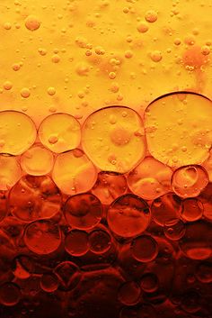 close up view of bubbles on the surface of a liquid filled with orange and yellow colors