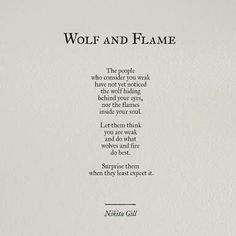 the poem wolf and flame is written in black ink on white paper with an image of a