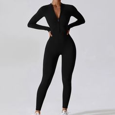 Elevate your fitness wardrobe with the Zipper Workout Romper. This Padded Bodysuit, designed for women who embrace high-intensity workouts and seek stylish comfort. Crafted from a premium blend of nylon and spandex, this long-sleeved gym jumpsuit offers a snug, supportive fit that moves with you. The elastic waist ensures a secure fit, while the padded interior and 4-way stretch fabric provide maximum comfort and flexibility. Key Features: Material: High-quality nylon and spandex blend for durab Gym Jumpsuit, Black Long Sleeve Jumpsuit, Workout Romper, Yoga Pad, Ruffle Jumpsuit, Women's Sportswear, Yoga Suit, Long Romper, High Intensity Workout