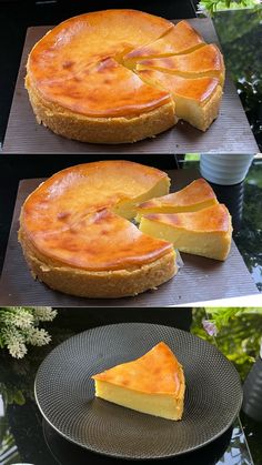 three pictures showing different types of cheesecakes on serving platters and in pie pans