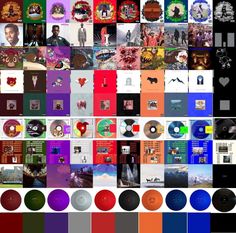 a collage of various records with different colors and designs on them, including the album cover