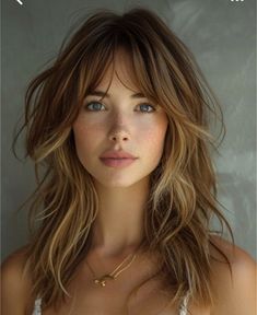 Wispy Front Fringe Long Hair, Wispy Fringe Hairstyles, Yellowstone Hair Styles, Naomi Olindo Hair, Hair Color For Pale Skin And Hazel Eyes, Krista Lavrusik, Mid Length Hairstyles For Round Faces, Mikado Haircut, Hippie Haircuts