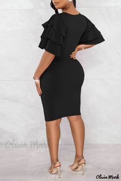 Olivia Mark - Vestido Negro Clásico con Cuello en O y Falda de Un Paso para Ocasiones Informales Fitted Midi Dress, Half Sleeve Dresses, Round Neck Dresses, Flounce Sleeve, Hip Dress, Color Shorts, Casual Skirt, Beautiful Heart, Skirt Dress