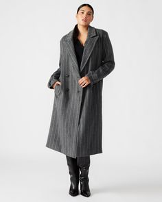 Crafted for a polished and structured look, the PRINCE coat features a pinstripe design and a double-breasted silhouette. With functional pockets and additional faux pockets, this coat offers both style and practicality. Complete with shoulder pads for added structure, it's the perfect addition to any wardrobe. Double-breasted midi-length coat Button-front closure Two side slip pockets Back vent Lined Length: 45.25" 64% polyester 13% acrylic 8% rayon 6% wool 5% nylon 4% other fibers Hand wash St Prince Coat, Pinstriping Designs, Shoes For Leggings, Grey Women, Dress Sandals, Sweater Blouse, Scarf Hairstyles, Hat Hairstyles, Dress With Boots