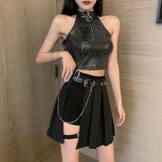 Vendor: Egirldoll Type: TOP&Skirt Price: 29.99 - 69.99 (15 variants) Style: Street   Fabric: Others   Waist: High waist   Pattern: solid color   Size: S M L   Top Size：One Size（elastic）  Skirt Size:   S Waist: 58cm skirt length 40cm  hip 84cm M Waist: 61cm skirt length 41cm  hip 86cm L: Waist: 66cm skirt length 42cm  hip 88cm Gothic Fitted Pleated Skirt, Alternative Fashion Pleated Mini Skirt, Harajuku Black Pleated Skirt, Gothic Mini Pleated Skirt, Gothic Pleated Mini Skirt, Egirl Aesthetic, Egirl Clothes, Elastic Skirt, High Waisted Pleated Skirt