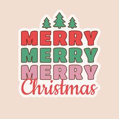 merry christmas sticker with trees and lettering in red, green and pink on a beige background