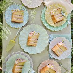 several plates with slices of cake on them