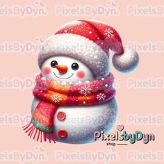 a snowman wearing a red and white hat, scarf and mittens is standing in front of a pink background