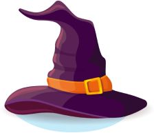 a purple witch hat with an orange belt around it's brimmed crown