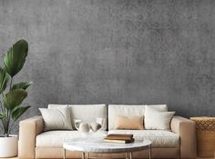 a living room with a couch, coffee table and potted plant on the floor