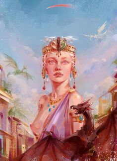 a digital painting of a woman wearing a tiara and holding a dragon in her hand