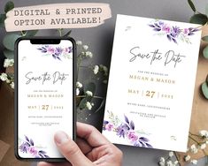 a person holding up a phone next to some flowers and greenery with the text save the date on it