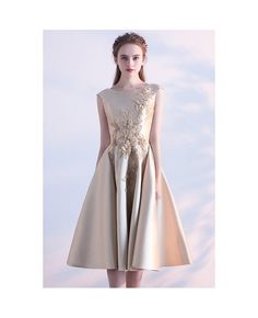 Buy elegant champagne wedding party dress with embroidery at cheap price online. Free stable shipping and pro custom service since 2009. Beige Evening Dress For Banquet And Prom Season, Beige Evening Dress For Banquet And Prom, Gold A-line Evening Dress For Wedding, Short Evening Dress, Simple Satin, Homecoming Dress Short, Gold Bridesmaid Dresses, Gold Prom Dresses, Satin Homecoming Dress