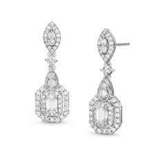 Define sophistication with the exquisite details of these ornate emerald-cut lab-created diamond drop earrings. Fashioned in cool 10K white gold Each drop features a 1/3 ct. emerald-cut lab-created diamond - wrapped in a double lab-created diamond frame. A single lab-created diamond connects the pear-shaped lab-created diamond composite top to the marquise-shaped lab-created diamond composite post. Captivating with 1-1/2 cts. t.w. of lab-created diamonds These earrings secure comfortably with fr Luxury Emerald-cut Diamond Earrings For Formal Occasions, Elegant Octagon Diamond Earrings With Accents, Luxury Emerald Cut Diamond Earrings For Formal Occasions, Elegant Octagon Halo Design Jewelry, Elegant Octagon Halo Jewelry, Formal Baguette Cut Diamond Earrings With Diamond Accents, Formal Baguette Cut Diamond Earrings With Accents, Elegant Octagon Earrings For Formal Occasions, Elegant White Octagon Earrings