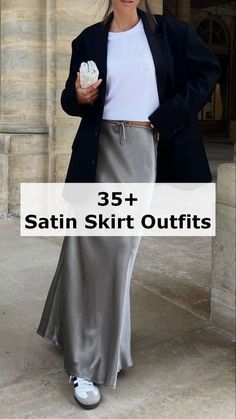 Silky Skirt Outfit, Silver Skirt Outfits, Leather Mini Skirt Outfit, Winter Mini Skirts, Fashion Women Outfits, Silk Skirt Outfit, Long Silk Skirt