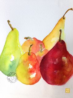 three pears, two apples and one pear painted in watercolor on white paper