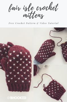 two knitted mittens and gloves are shown with the text, fair isle crochet mittens