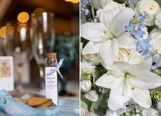 a bottle of perfume next to a bouquet of white and blue flowers on a table