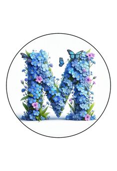 the letter m is made up of blue and pink flowers with a butterfly on top