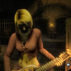 a woman with yellow hair holding a guitar