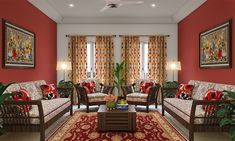 a living room filled with furniture and decor on top of a red carpeted floor