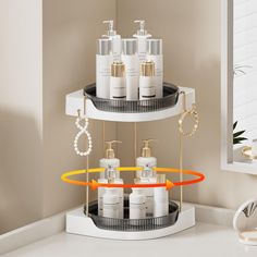 three tiered shelf with soaps and lotions on it