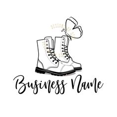 a pair of boots with the words business name