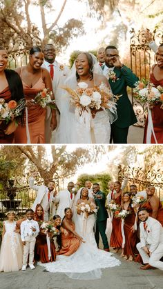 the bride and grooms are posing for pictures together