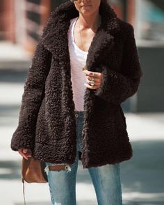 Harajuku Hoodie, Fur Cardigan, Winter Fur Coats, Plush Coat, Jeans Overall, Loose Coats, Gilet Long, Lapel Jacket, Women Overcoat